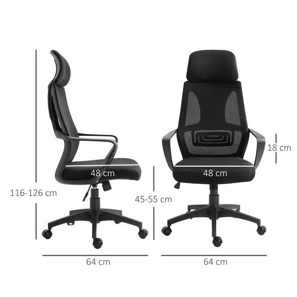 Vinsetto Ergonomic Office Chair, High Back Computer Chair, Mesh Desk Chair with Lumbar Support, Headrest, Wheel, Adjustable Height, Black - 3