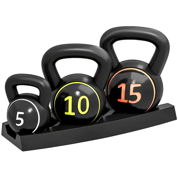 SPORTNOW Three-Piece Kettlebell Set, 5lbs, 10lbs, 15lbs with Storage Tray - 1