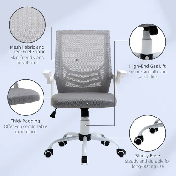 Vinsetto Home Office Chair and Computer Desk Set, Mesh Chair with with 90° Flip-up Armrest, Study Desk with Keyboard Tray and Drawer, White and Grey - 6