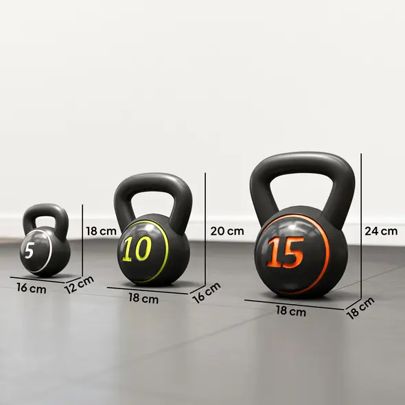 SPORTNOW Three-Piece Kettlebell Set, 5lbs, 10lbs, 15lbs with Storage Tray - 3