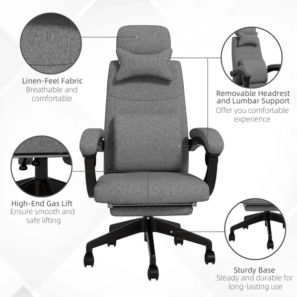 Vinsetto Linen-Look Office Chair, with 160° Reclining Back and Footrest - Dark Grey - 5