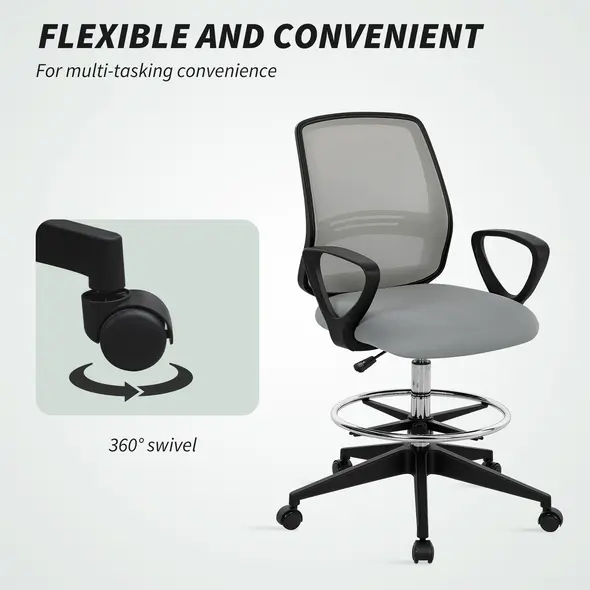 Vinsetto 100-120cm Draughtsman Office Chair, with Footrest - Light Grey - 7