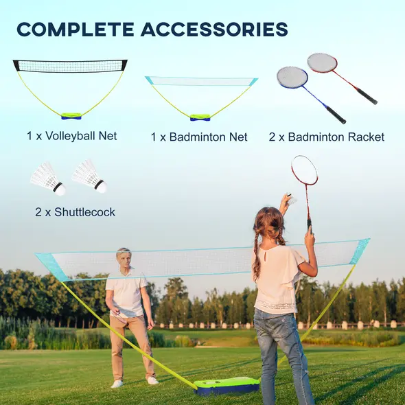 SPORTNOW Portable Badminton Net Set w/ Volleyball Net, Rackets, Shuttlecocks - 6