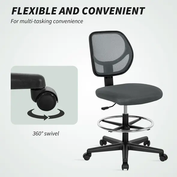 Vinsetto Ergonomic Mesh Standing Desk Chair with Adjustable Footrest Ring and Seat Height Charcoal Grey - 7