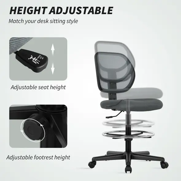 Vinsetto Ergonomic Mesh Standing Desk Chair with Adjustable Footrest Ring and Seat Height Charcoal Grey - 4
