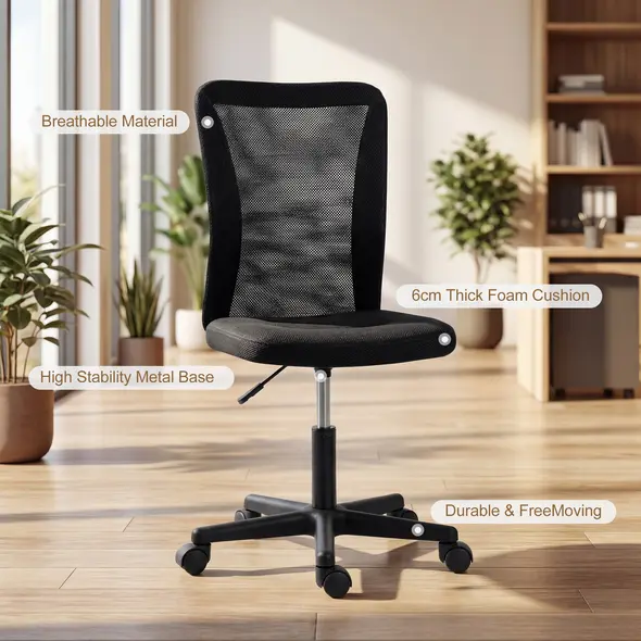 Vinsetto Computer Desk Chair, Armless Mesh Office Chair with Adjustable Height and Rolling Wheels, Black - 4