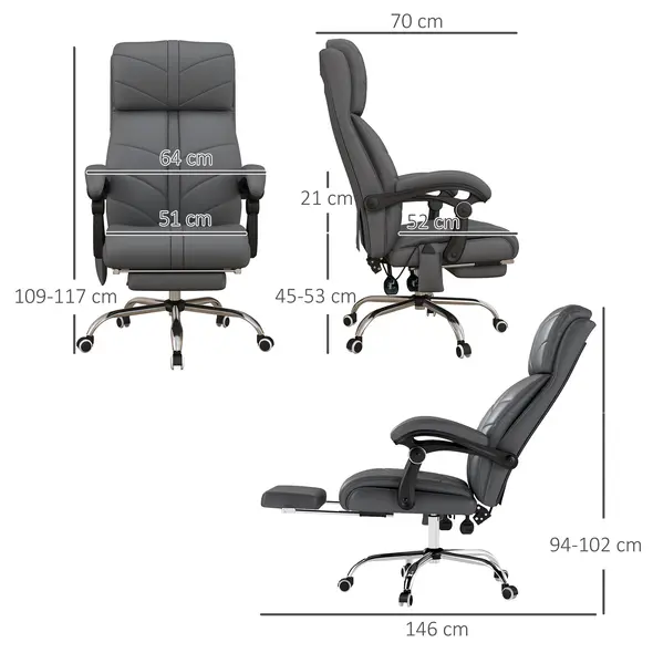 Vinsetto High Back Vibration Massage Office Chair, Heated Reclining PU Leather Computer Chair with Footrest, Grey - 3