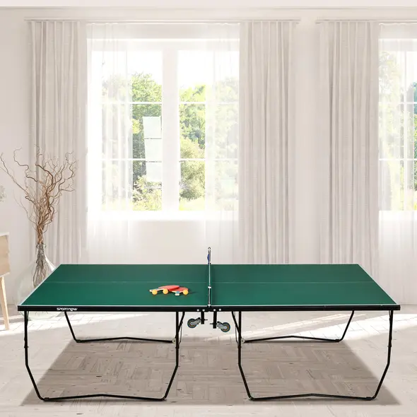 SPORTNOW 9FT Folding Tennis Table, with 8 Wheels, for Indoor Use, Green - 9