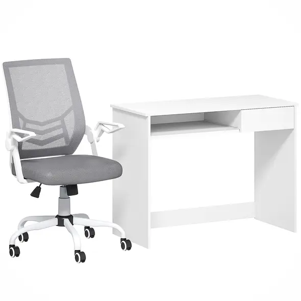 Vinsetto Home Office Chair and Computer Desk Set, Mesh Chair with with 90° Flip-up Armrest, Study Desk with Keyboard Tray and Drawer, White and Grey - 1