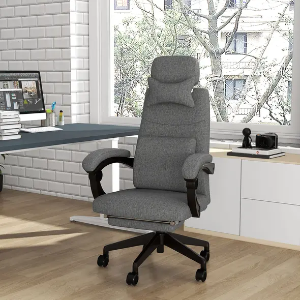 Vinsetto Linen-Look Office Chair, with 160° Reclining Back and Footrest - Dark Grey - 2