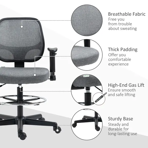 Vinsetto Drafting Chair, Fabric Office Chair, Ergonomic Painting Chair with Height Armrest Adjustable and Foot Ring, 360° Swivel Stool Chair for Standing Desk, Grey - 7