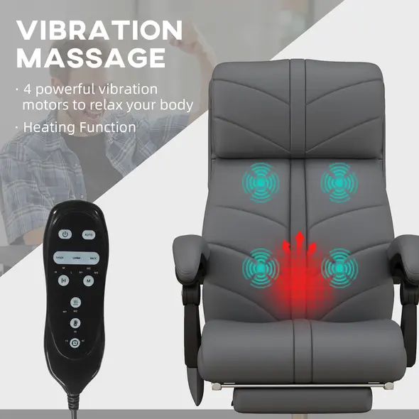Vinsetto High Back Vibration Massage Office Chair, Heated Reclining PU Leather Computer Chair with Footrest, Grey - 4