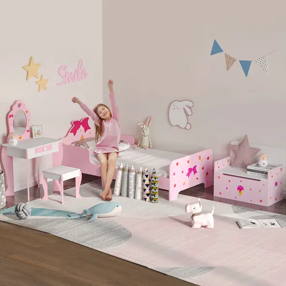 ZONEKIZ 4PCs Kids Bedroom Furniture Set with Bed, Toy Box Bench, Dressing Table and Stool, Princess Themed, for 3-6 Years Old, Pink - 2