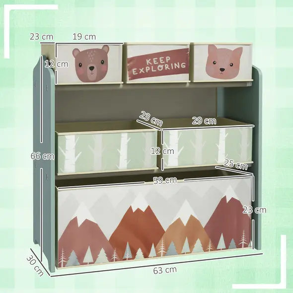 ZONEKIZ Kids Storage Unit, Toy Storage Organiser, with Six Fabric Bins, for Bedrooms, Playrooms, Nurseries - Green - 3