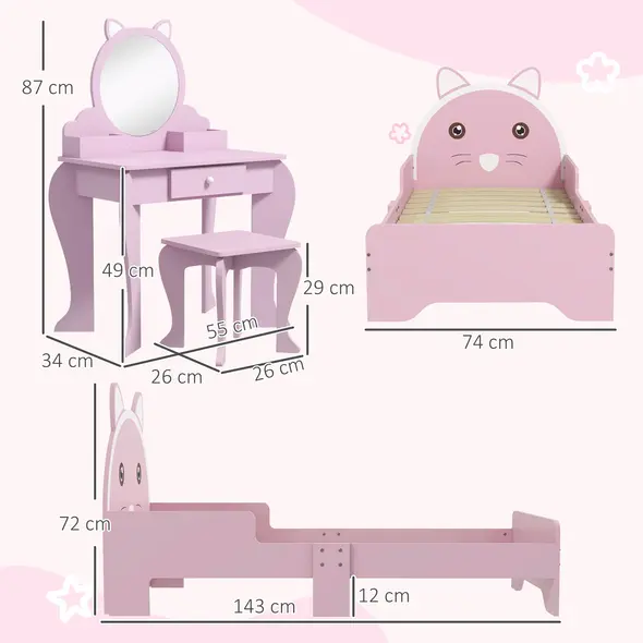 ZONEKIZ Wooden Kids Bedroom Furniture Set with Kids Dressing Table, Stool, Bed, for 3-6 Years, Cat-Design - 3