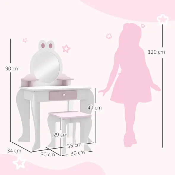 ZONEKIZ Bunny-Design Kids Dressing Table, with Mirror and Stool - White and Pink - 3