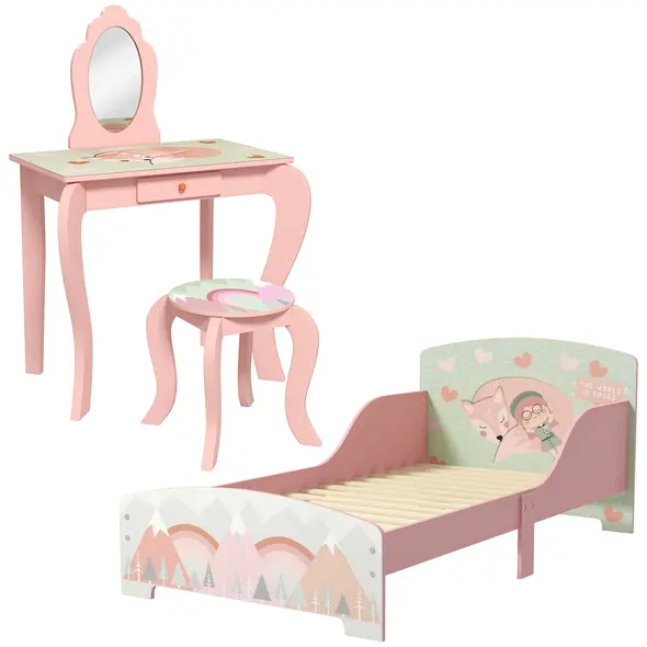 ZONEKIZ Toddler Bed Frame, Kids Dressing Table with Mirror and Stool, Cute Animal Design Kids Bedroom Furniture Set for Ages 3-6 Years, Pink - 1