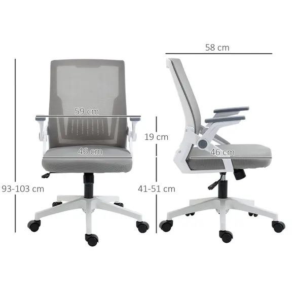 Vinsetto Mesh Office Chair, Desk Chair with Lumbar Support, Flip-up Armrest, Swivel Wheels, Adjustable Height, Grey - 3