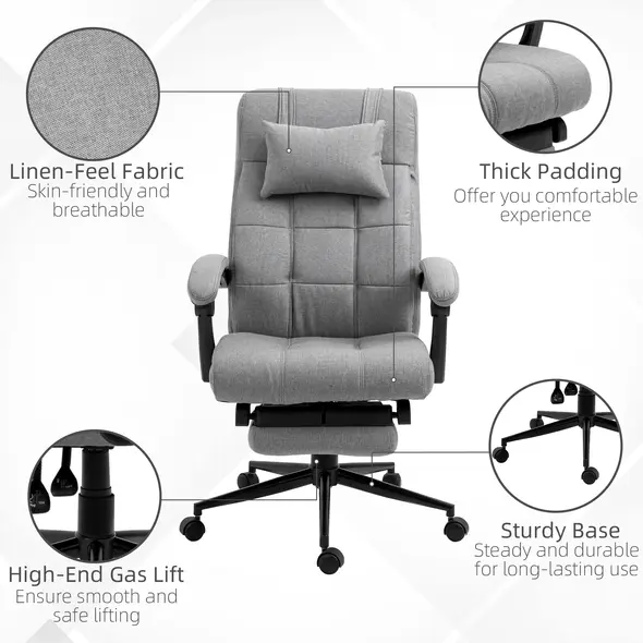 Vinsetto Office Chair with Footrest Ergonomic Office Chair with Armrests Lumber Support and Headrest Light Grey - 7