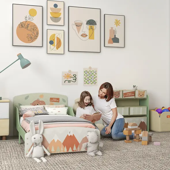 ZONEKIZ Toddler Bed Frame, Kids Storage Shelf Unit with 6 Fabric Bins for Ages 3-6 Years, Green - 2