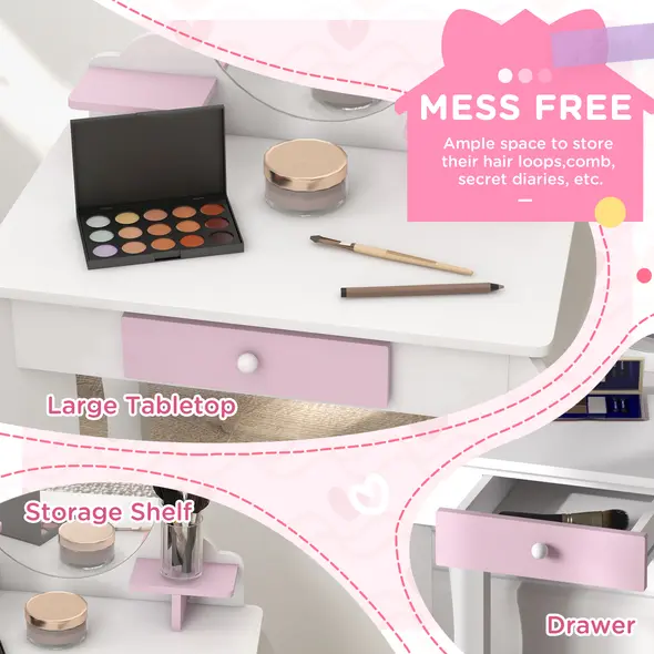 ZONEKIZ Wooden Kids Bedroom Furniture Set with Kids Dressing Table, Stool, Bed, for 3-6 Years, Bunny-Design - 6