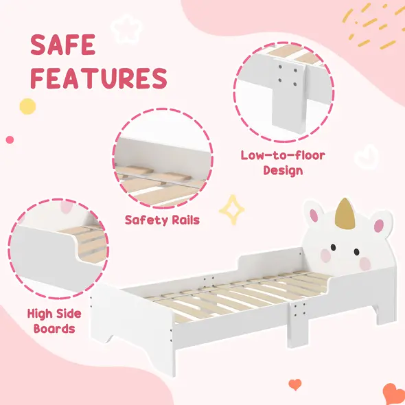 ZONEKIZ Kids Bedroom Furniture Set with Kids Dressing Table with Mirror and Stool, Toddler Bed Frame for 3-6 Years, Unicorn Design - 4