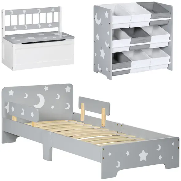 ZONEKIZ 3PCs Kids Furniture Bedroom Set with Bed, Toy Box Bench, Storage Unit with Baskets, Star and Moon Patterns, for 3-6 Years Old Boys Girls, Grey - 1