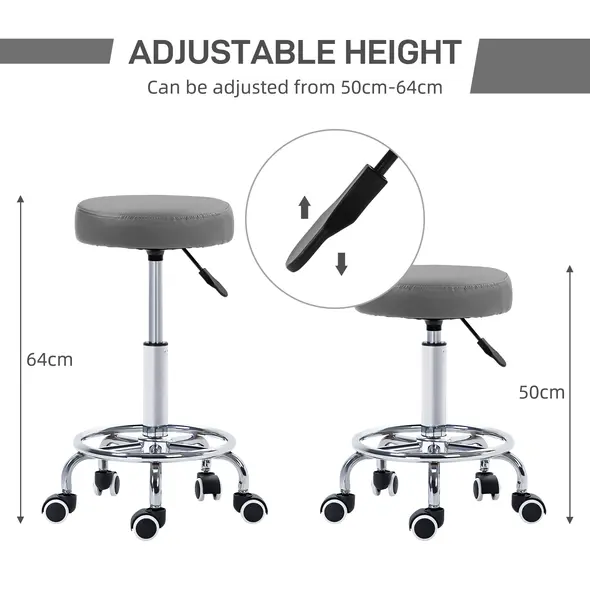 Vinsetto PU Leather Rolling Stool, Height Adjustable Stool Chair with Wheels for Salon, Massage, Spa, Grey - 4