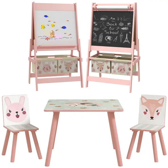 ZONEKIZ Kids Table and Chair Set and Kids Easel with Paper Roll, Storage Baskets, Kids Activity Furniture Set, Pink - 1