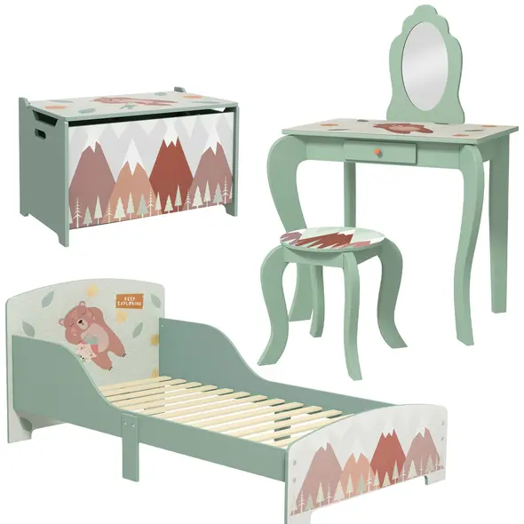 ZONEKIZ Kids Bedroom Furniture Set Includes Bed Frame, Kids Toy Chest, Dressing Table with Mirror and Stoolfor Ages 3-6 Years, Green - 1