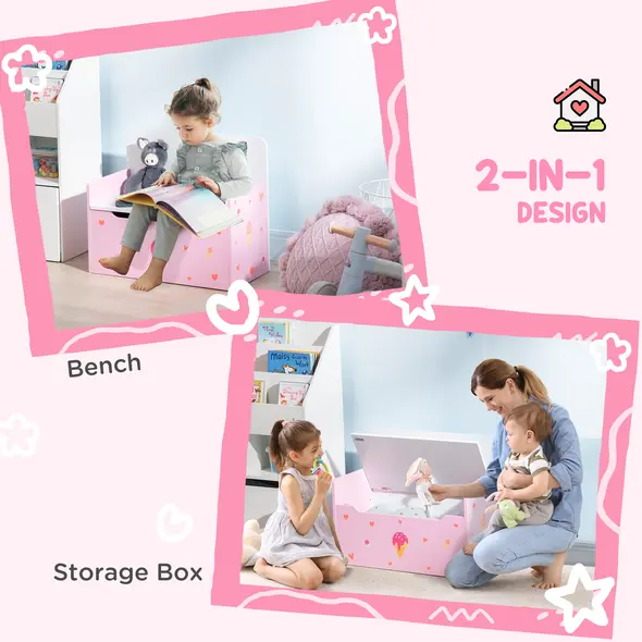 ZONEKIZ 5PCs Kids Bedroom Furniture Set with Bed, Toy Box Bench, Storage Unit, Dressing Table and Stool, Princess Themed, for 3-6 Years Old, Pink - 6