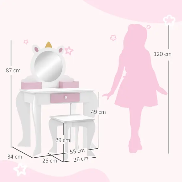ZONEKIZ Unicorn-Design Kids Dressing Table, with Mirror and Stool - White - 3