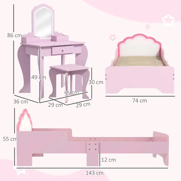 ZONEKIZ Wooden Kids Bedroom Furniture Set with Kids Dressing Table, Stool, Bed, for 3-6 Years, Cloud-Design - 3