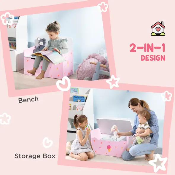 ZONEKIZ 4PCs Kids Bedroom Furniture Set with Bed, Toy Box Bench, Dressing Table and Stool, Princess Themed, for 3-6 Years Old, Pink - 6