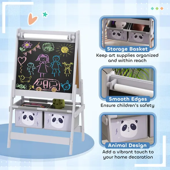 ZONEKIZ Kids Table and Chairs, Kids Storage Unit and Kids Easel Set, Cute Animal Design Kids Activity Furniture Set for Ages 3-8 Years, Grey - 7