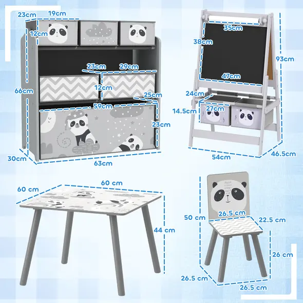 ZONEKIZ Kids Table and Chairs, Kids Storage Unit and Kids Easel Set, Cute Animal Design Kids Activity Furniture Set for Ages 3-8 Years, Grey - 3