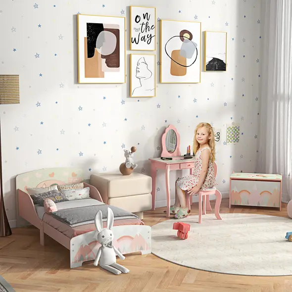 ZONEKIZ Kids Bedroom Furniture Set Includes Bed Frame, Toy Chest, Dressing Table for Ages 3-6 Years, Pink - 2