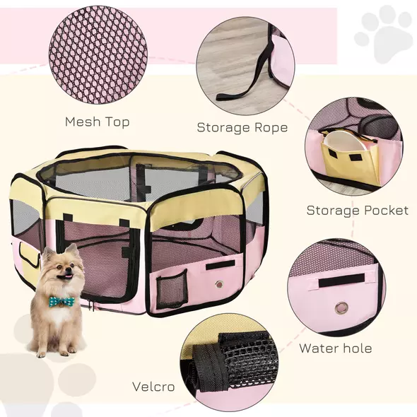 PawHut Fabric Pet Whelping Box Dog Cat Puppy Playpen Rabbit Guinea Pig Play Pen in Pink With Carry Bag Small Dia 90 x 41Hcm - 4