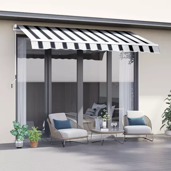 Outsunny Manual Retractable Awning, 2.5x2 m-Dark Blue/White Stripes - 2