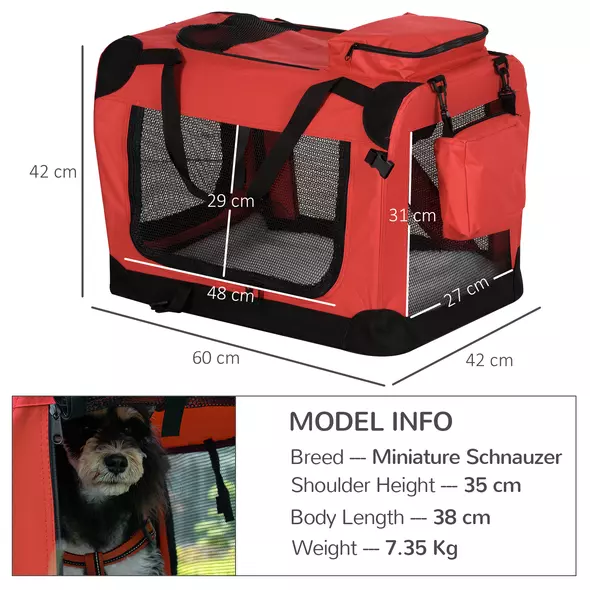 PawHut Foldable Pet Carrier for Small and Miniature Dogs, Portable Cat Carrier Soft Side Pet Travel Crate with Removable Mat, Storage Bags, Breathable Mesh Window 60 x 42 x 42cm - Red - 3