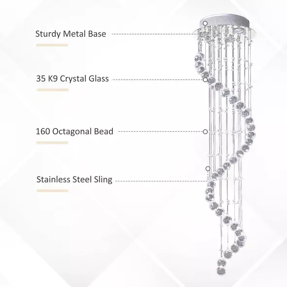 HOMCOM Modern Crystal Chandelier Ceiling Light Pendant Lamp Chrome Finish Glass Droplets New, Ф30 x 120cm - 4