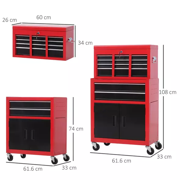 HOMCOM Tool Chest, Metal Tool Cabinet on Wheels with 6 Drawers, Pegboard, Top Chest and Roller Cabinet Combo, 61.6 x 33 x 108cm, Red and Black - 3