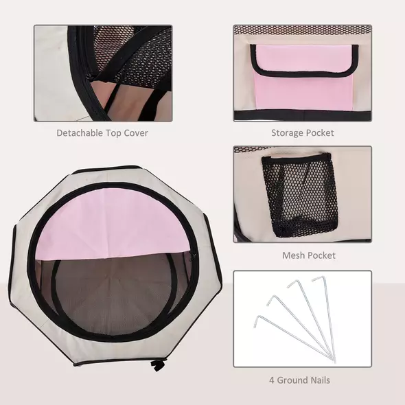 PawHut Portable Cat Dog Playpen Pet Puppy Rabbit Guinea Pig Pen Run Dia 90 x 41H cm Indoor & Outdoor Pink - 7