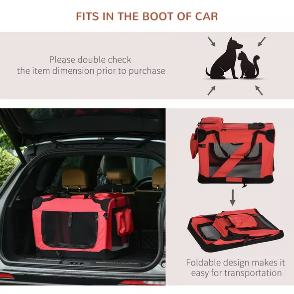 PawHut Foldable Pet Carrier for Small and Miniature Dogs, Portable Cat Carrier Soft Side Pet Travel Crate with Removable Mat, Storage Bags, Breathable Mesh Window 60 x 42 x 42cm - Red - 7