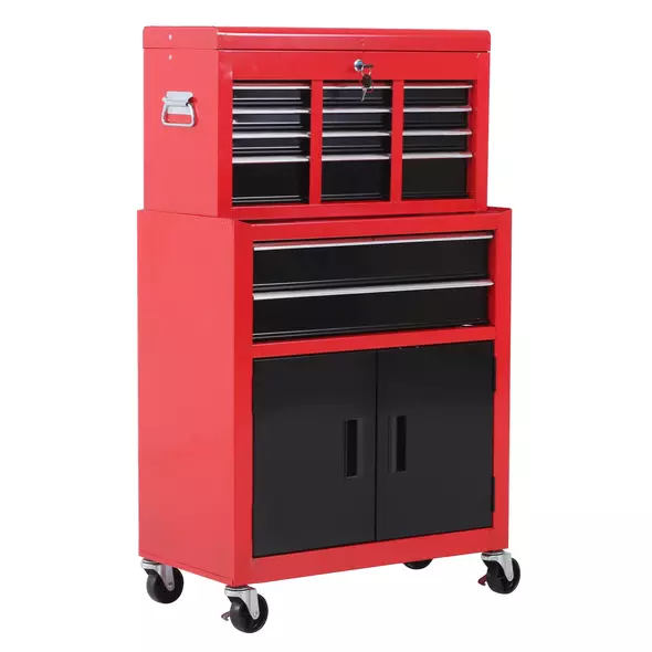 HOMCOM Tool Chest, Metal Tool Cabinet on Wheels with 6 Drawers, Pegboard, Top Chest and Roller Cabinet Combo, 61.6 x 33 x 108cm, Red and Black - 1
