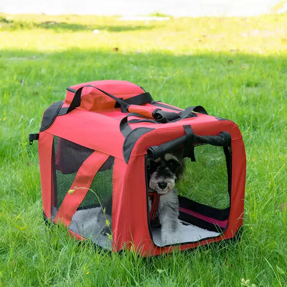 PawHut Foldable Pet Carrier for Small and Miniature Dogs, Portable Cat Carrier Soft Side Pet Travel Crate with Removable Mat, Storage Bags, Breathable Mesh Window 60 x 42 x 42cm - Red - 2