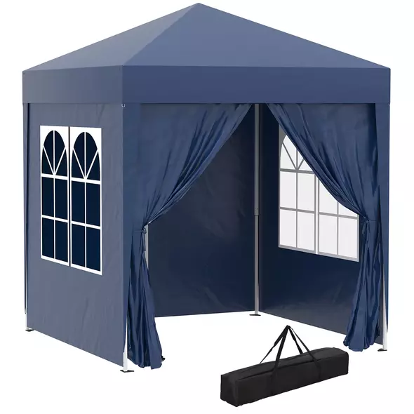 Outsunny 2 x 2 m Garden Pop Up Gazebo, Wedding Party Tent Marquee, Water Resistant Awning Canopy with Sidewalls, Windows, Carry Bag, Blue - 1