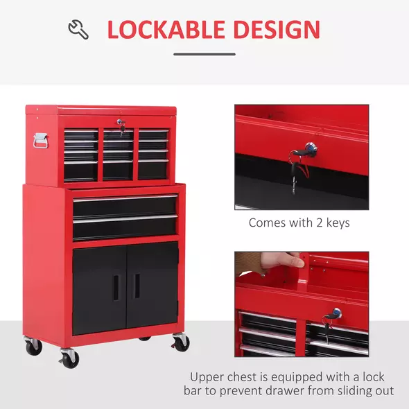 HOMCOM Tool Chest, Metal Tool Cabinet on Wheels with 6 Drawers, Pegboard, Top Chest and Roller Cabinet Combo, 61.6 x 33 x 108cm, Red and Black - 7