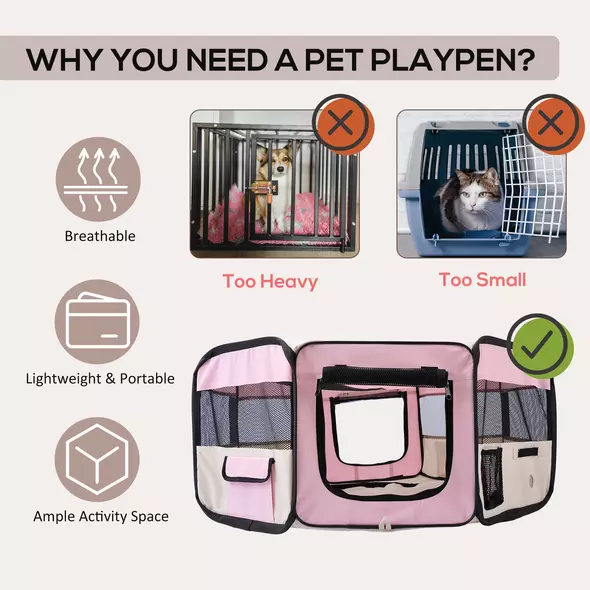 PawHut Portable Cat Dog Playpen Pet Puppy Rabbit Guinea Pig Pen Run Dia 90 x 41H cm Indoor & Outdoor Pink - 4