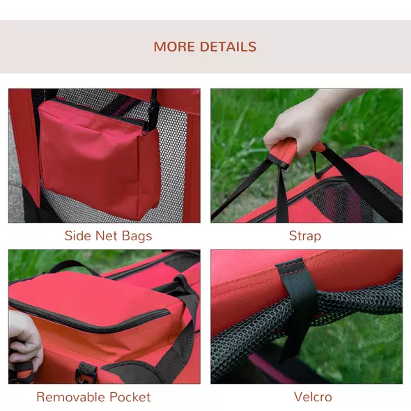 PawHut Foldable Pet Carrier for Small and Miniature Dogs, Portable Cat Carrier Soft Side Pet Travel Crate with Removable Mat, Storage Bags, Breathable Mesh Window 60 x 42 x 42cm - Red - 8